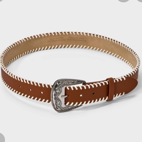 wild fable Brown Western Belt with White Whipstitch and Silver Buckle - Picture 2 of 4